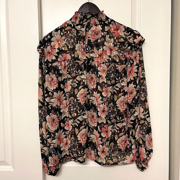 Maurices Women's Black Spring Floral Smocked Neck Top Long Sleeve Blouse Size M - Picture 3 of 9